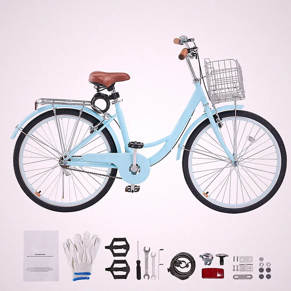 26 Inch Beach Cruiser Bike 1-Speed City Bicycle with Basket for Women,Light Blue