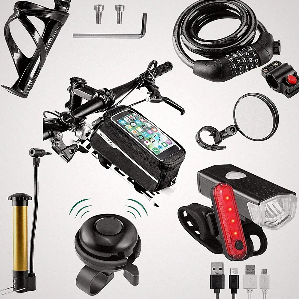 8 Pack Bicycle Accessories Set - USB Rechargeable Lights & More