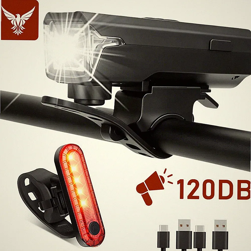 Bike Lights Set 1500mAh Rechargeable Bicycle Headlight & Tail Light with Horn