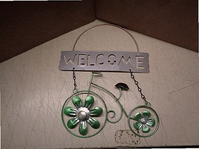 Green Bicycle Welcome Sign hanging metal art door wall