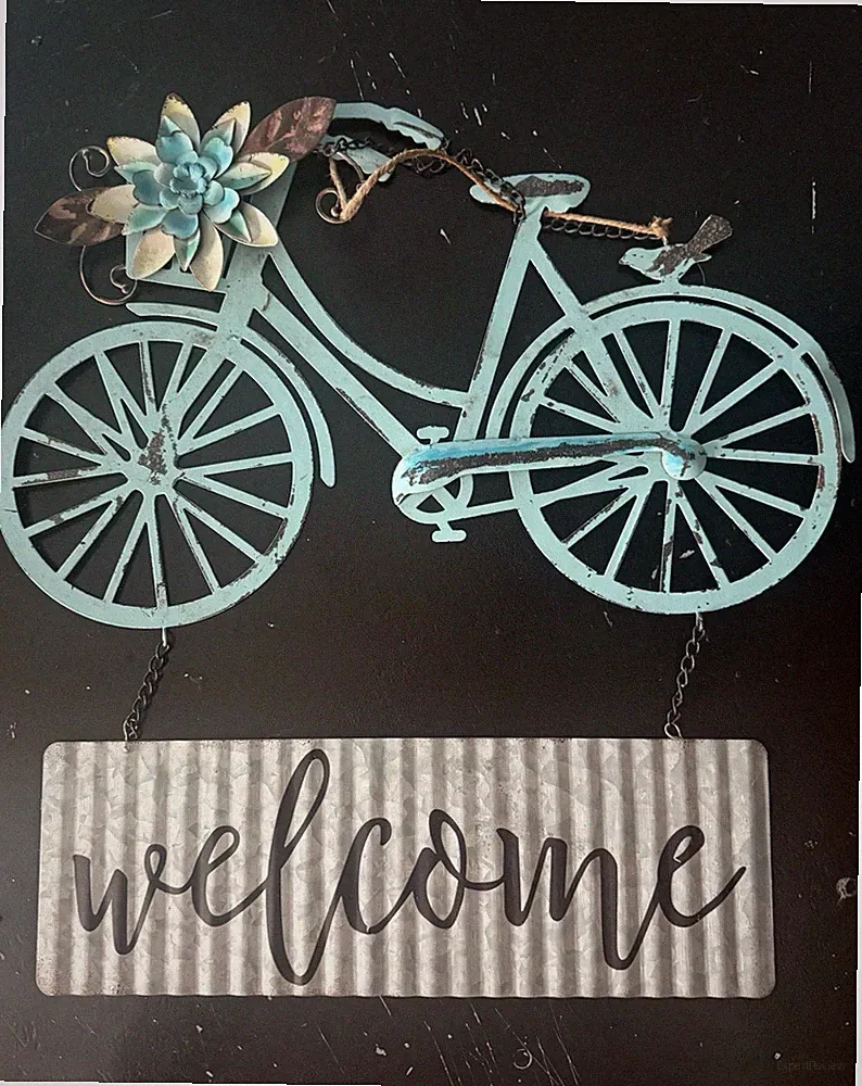 Metal Hanging Wall Sign Bicycle "Welcome" Blue/Gray Country Floral Garden Decor