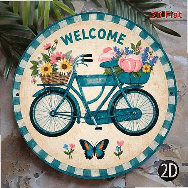Round with Welcome Bike And Flowers Tin Metal Signs Home Décor 8x8