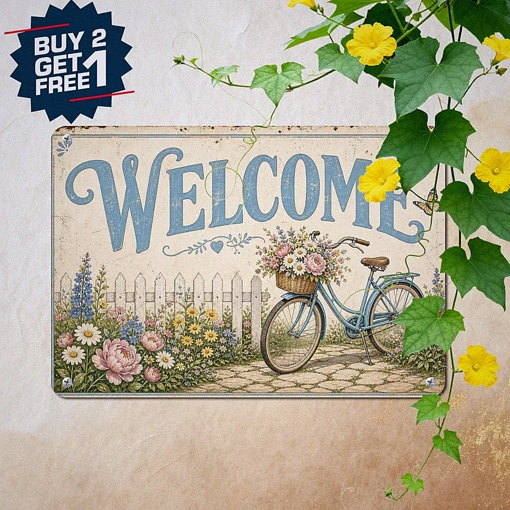 Welcome Bicycle Gardening Bike Spring Garden Greeting Poster Metal Tin Sign