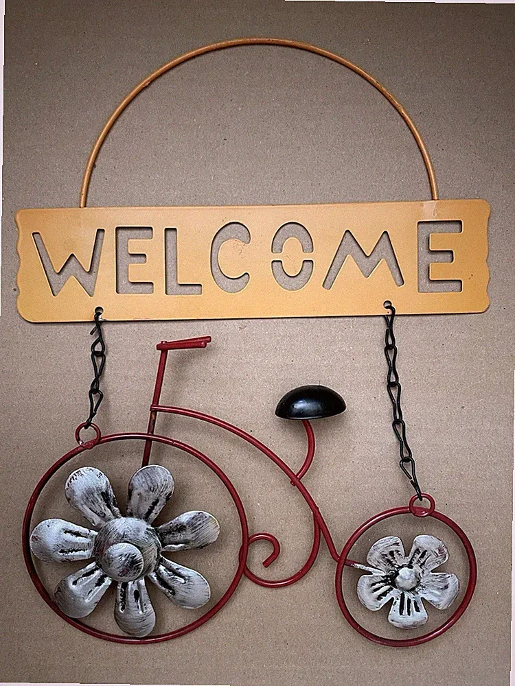 "WELCOME" Bicycle Wall Hanging Sign with Flowers on Tires, 8" Wide X 10" High